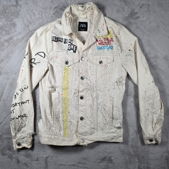 ZARA Denim Jacket Mens Medium Cream Paint Splatter Distressed Graphic Punk DIY